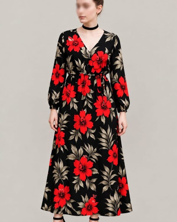 Women’s Black Floral Maxi Dress – Red Hibiscus Print, V-Neck & Long Sleeves