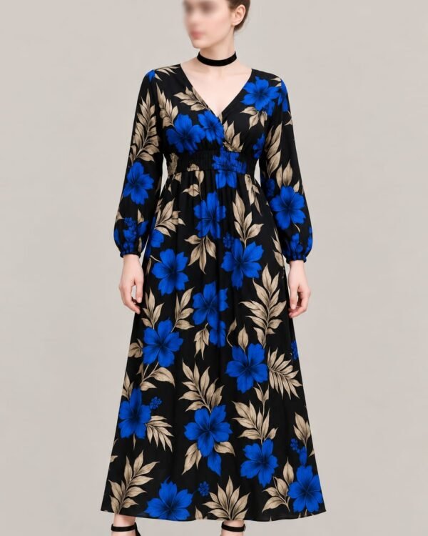 Women’s Black Floral Maxi Dress – Blue Flower Print, V-Neck & Long Sleeves