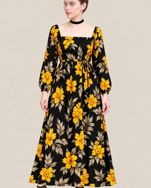 Women’s Black Floral Maxi Dress – Yellow Flower Print, Square Neck & Long Sleeves