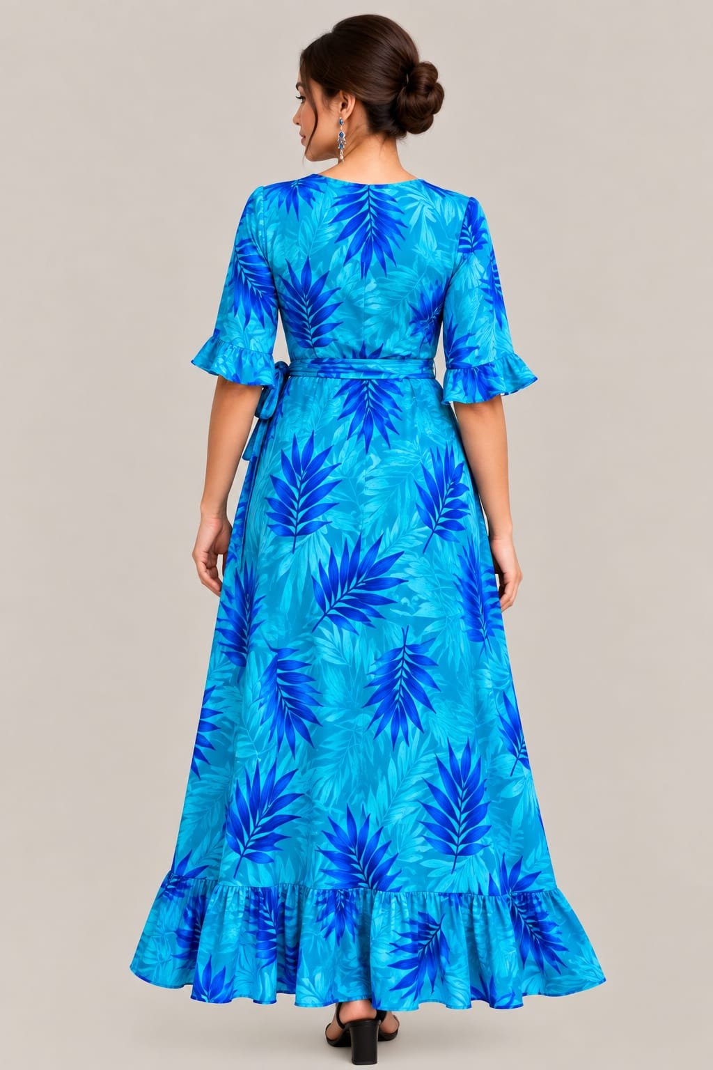 Women’s Blue Tropical Print Wrap Maxi Dress – V-Neck, Ruffle Sleeves & Tie Waist - Image 3