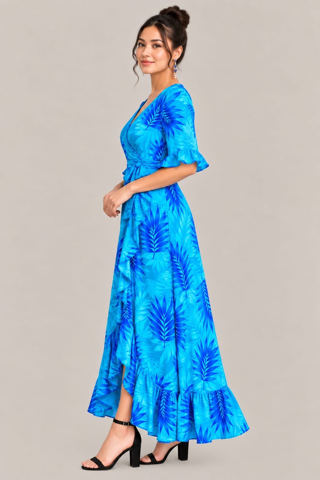 Women’s Blue Tropical Print Wrap Maxi Dress – V-Neck, Ruffle Sleeves & Tie Waist - Image 2