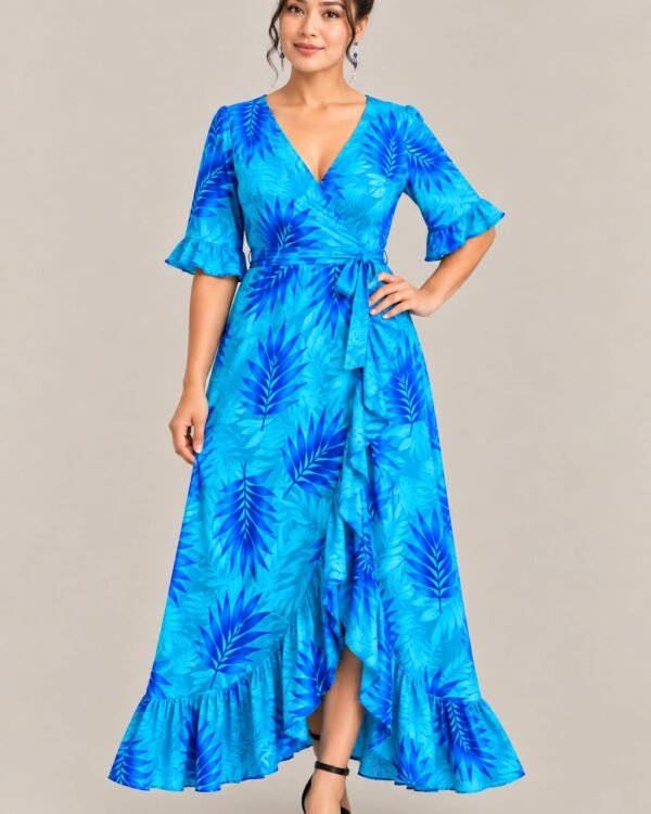 Women’s Blue Tropical Print Wrap Maxi Dress – V-Neck, Ruffle Sleeves & Tie Waist