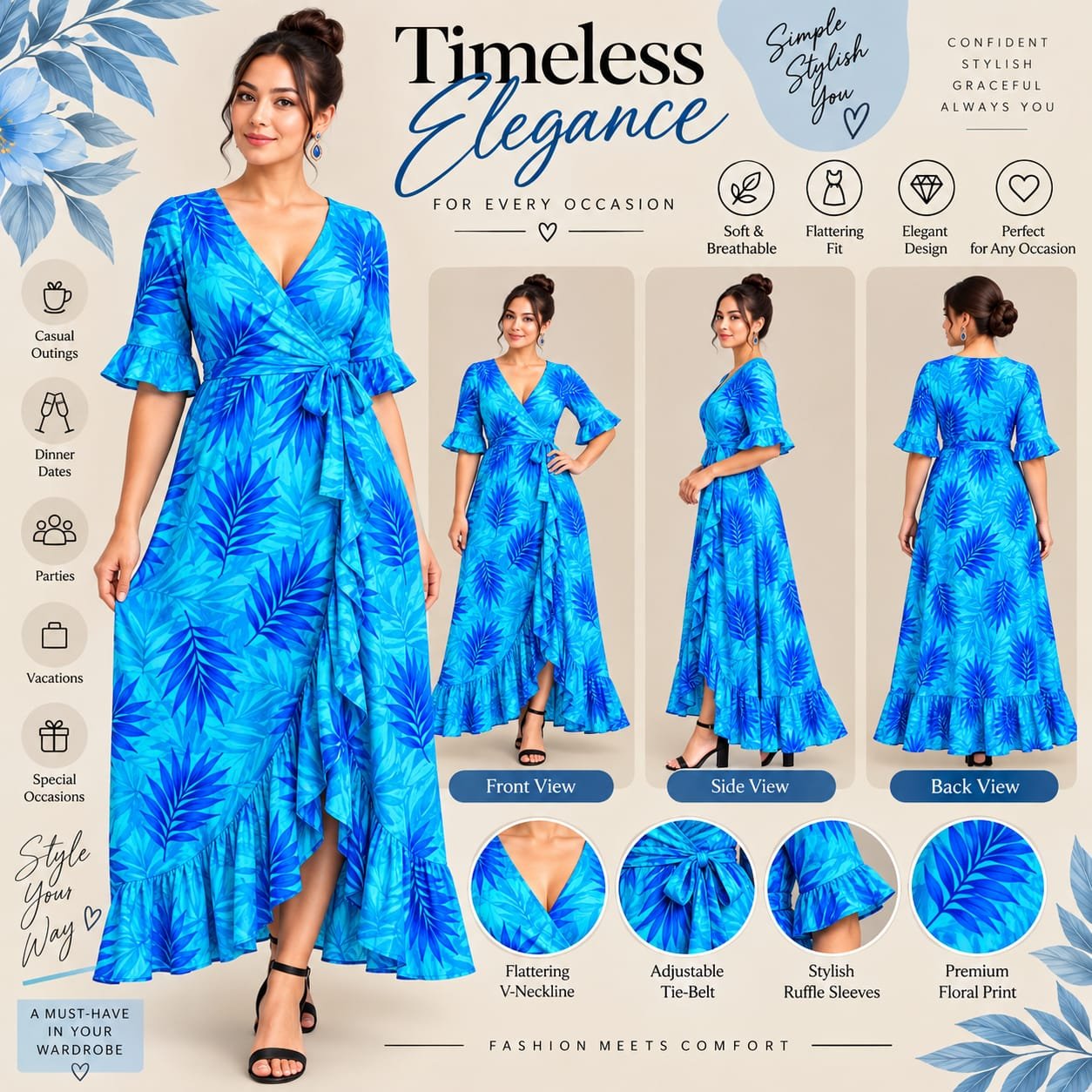 Women’s Blue Tropical Print Wrap Maxi Dress – V-Neck, Ruffle Sleeves & Tie Waist - Image 4