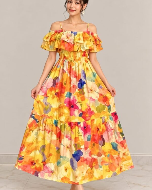 Women’s Floral Maxi Dress – Yellow Multicolor Print, Off-Shoulder Ruffle & Smocked Waist