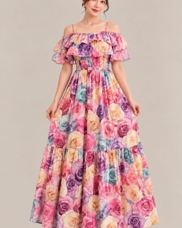 Women’s Floral Maxi Dress – Multicolor Rose Print, Off-Shoulder Ruffle & Smocked Waist