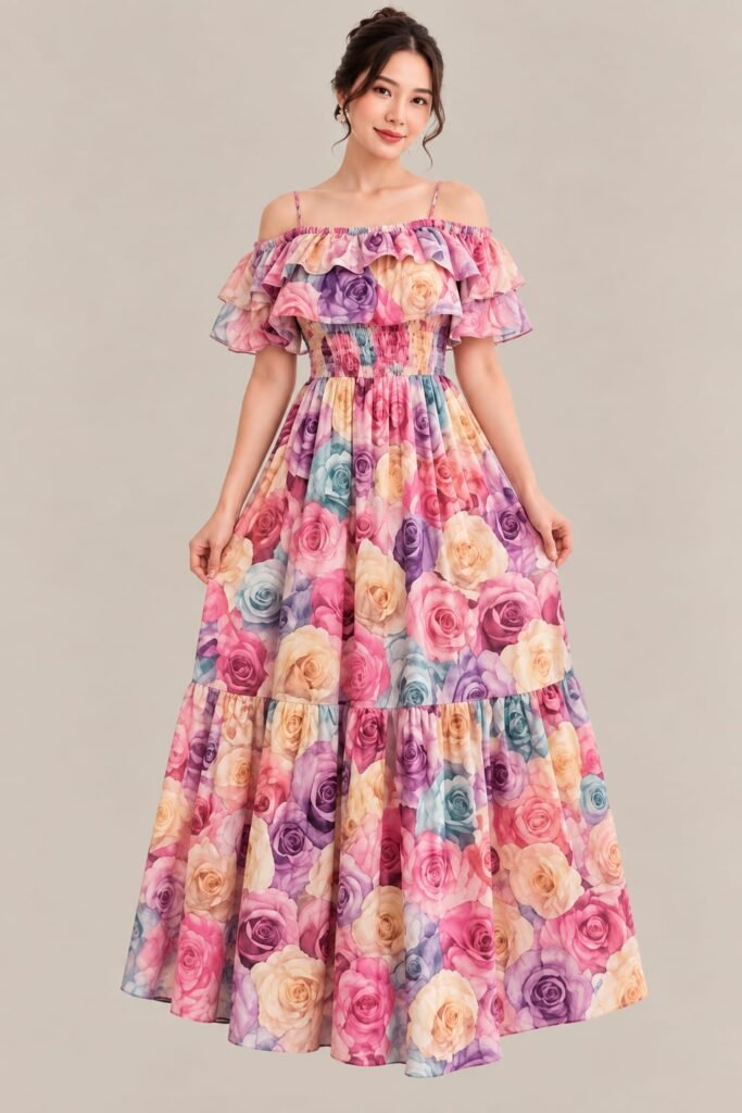 Women’s Floral Maxi Dress – Multicolor Rose Print, Off-Shoulder Ruffle & Smocked Waist
