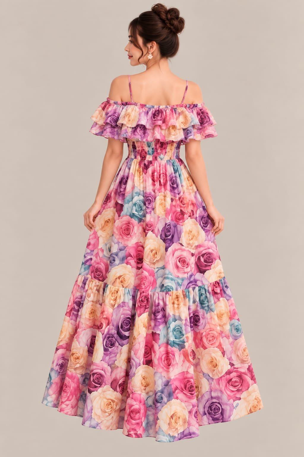 Women’s Floral Maxi Dress – Multicolor Rose Print, Off-Shoulder Ruffle & Smocked Waist - Image 2