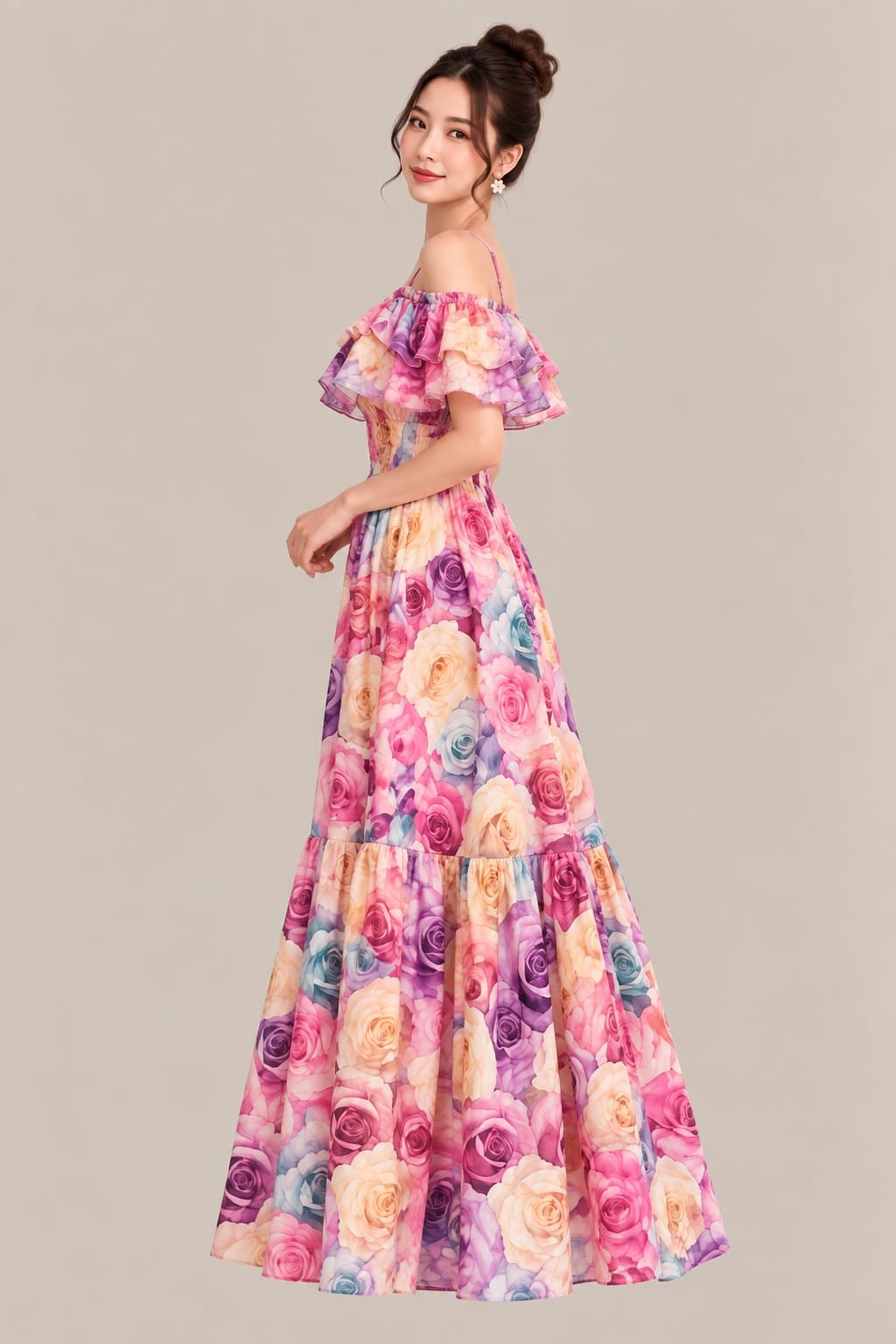 Women’s Floral Maxi Dress – Multicolor Rose Print, Off-Shoulder Ruffle & Smocked Waist - Image 3