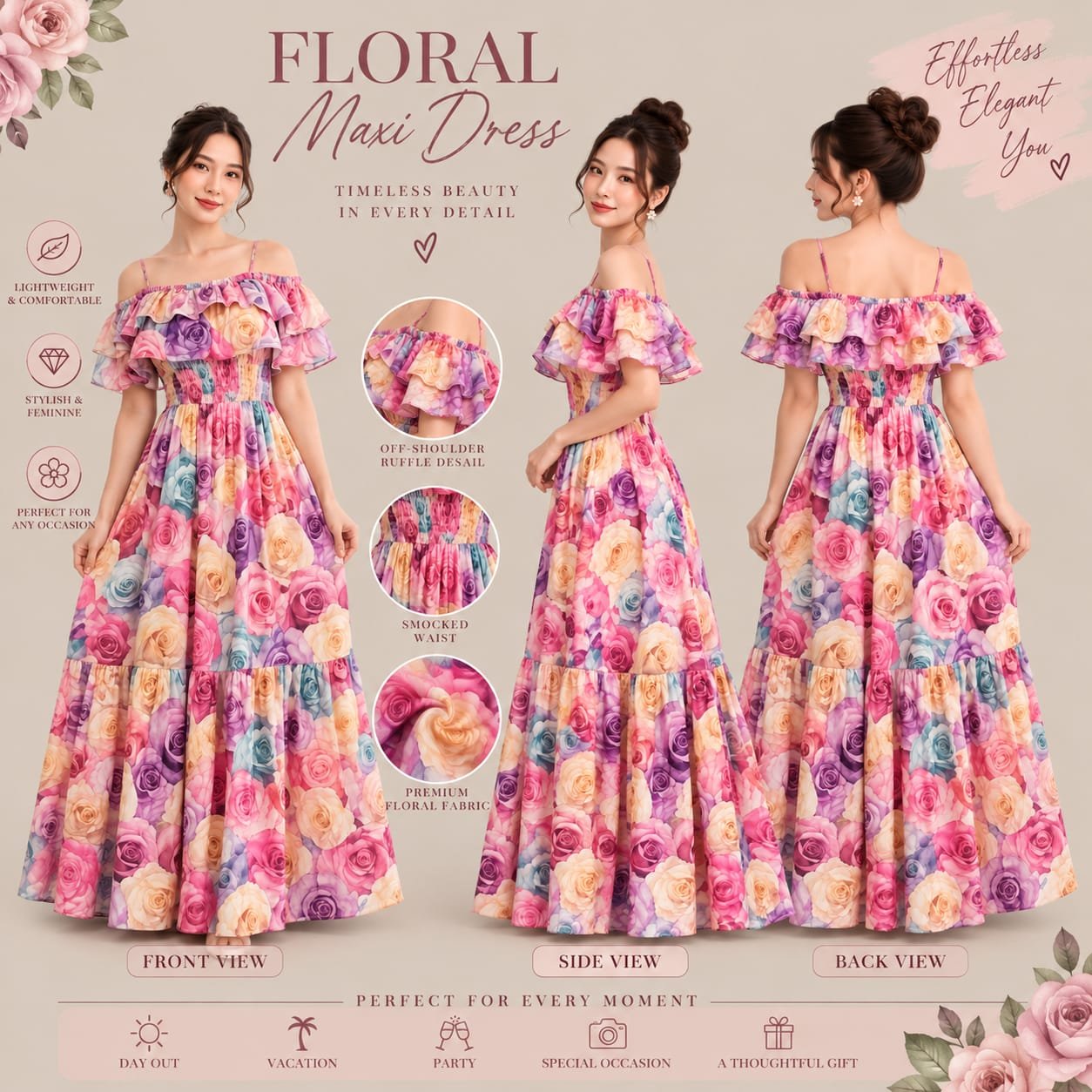Women’s Floral Maxi Dress – Multicolor Rose Print, Off-Shoulder Ruffle & Smocked Waist - Image 4