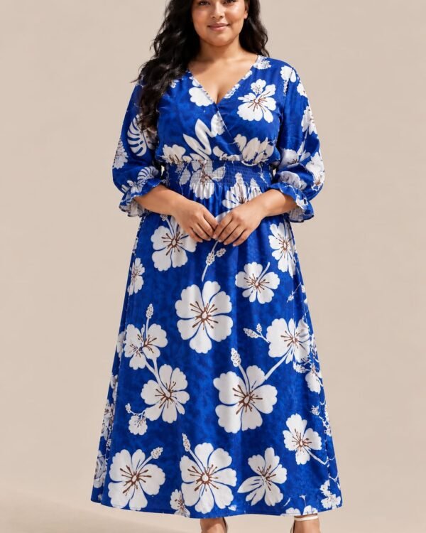 Women’s Blue Floral Maxi Dress – Tropical Print, V-Neck, Smocked Waist & Ruffle Sleeves