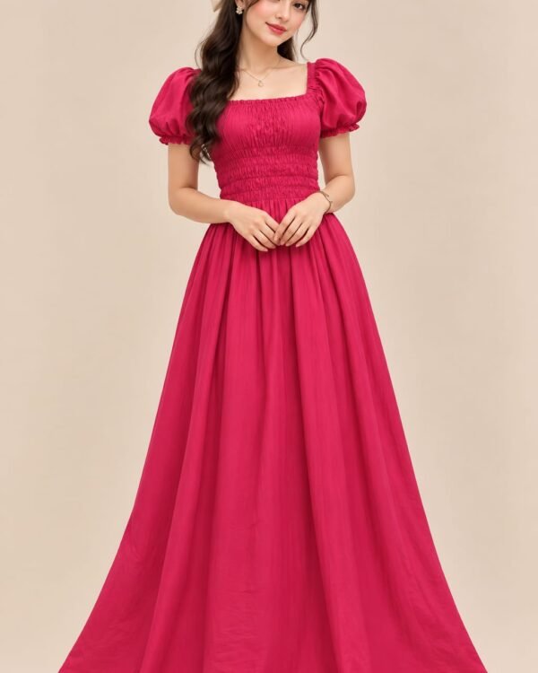 Women’s Pink Maxi Dress – Solid Fuchsia Color, Square Neck, Puff Sleeves & Smocked Waist