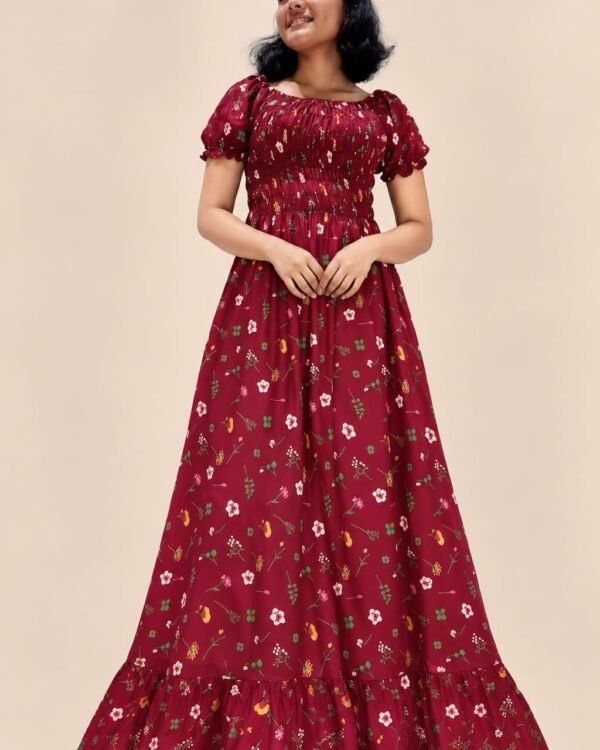 Women’s Burgundy Floral Maxi Dress – Square Neck, Puff Sleeves, Smocked Waist & Ruffle Hem