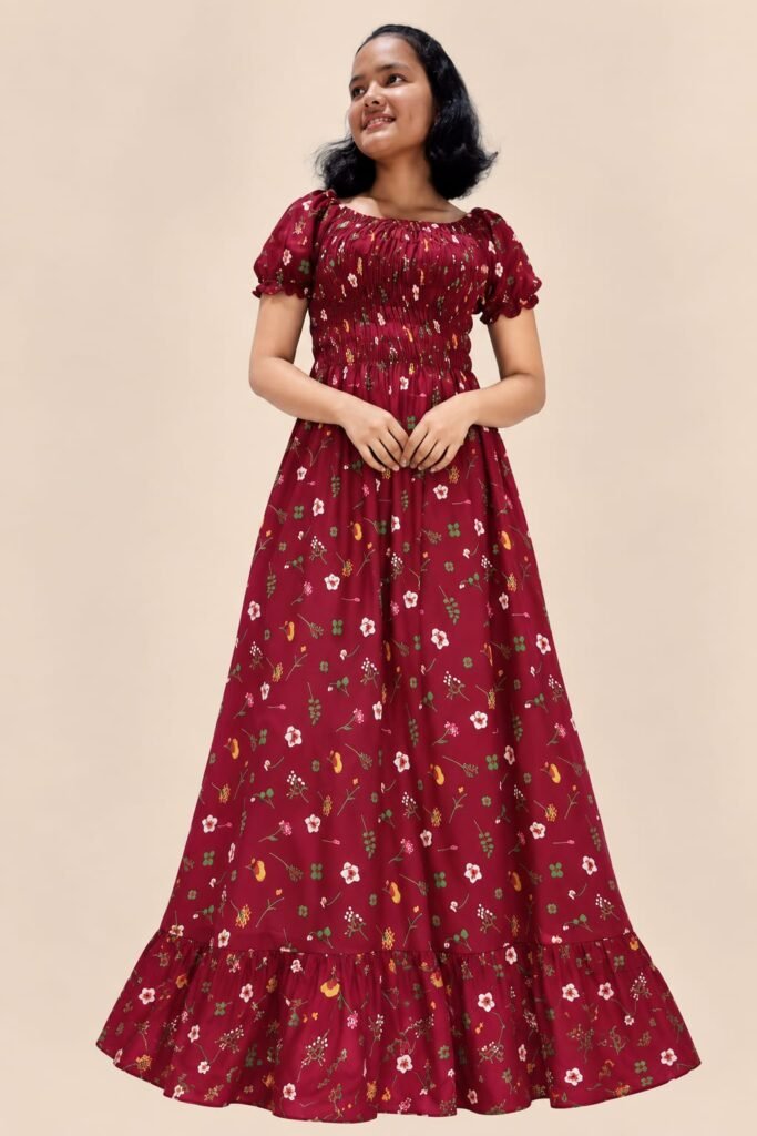 Women’s Burgundy Floral Maxi Dress – Square Neck, Puff Sleeves, Smocked Waist & Ruffle Hem