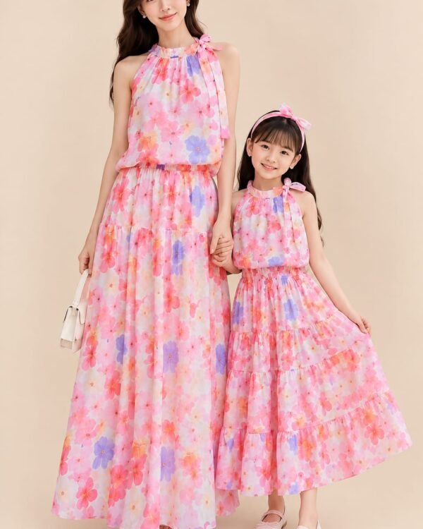 Women’s & Girls’ Matching Floral Maxi Dresses – Pink Floral Print, Halter Neck & Tiered Skirt