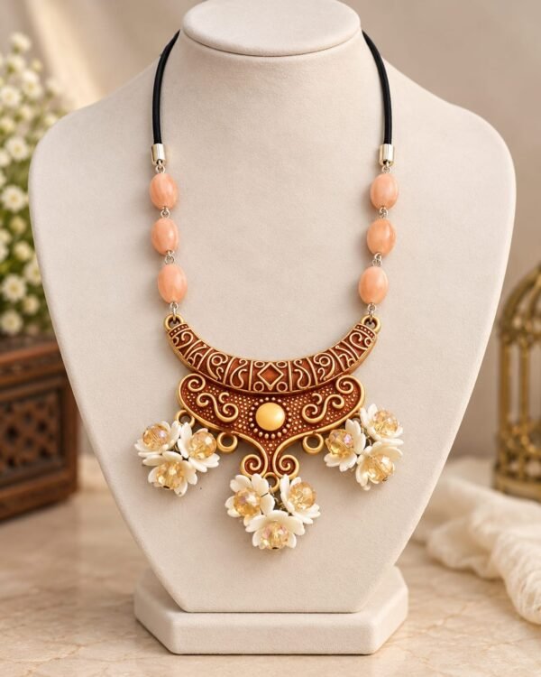 Peach & Gold Floral Statement Necklace