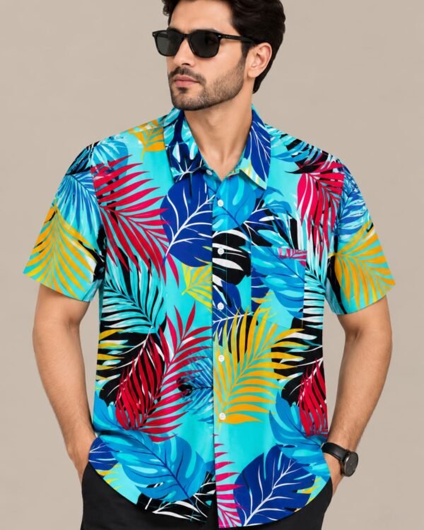 Men’s Tropical Leaf Print Shirt – Short Sleeve Casual Summer Shirt