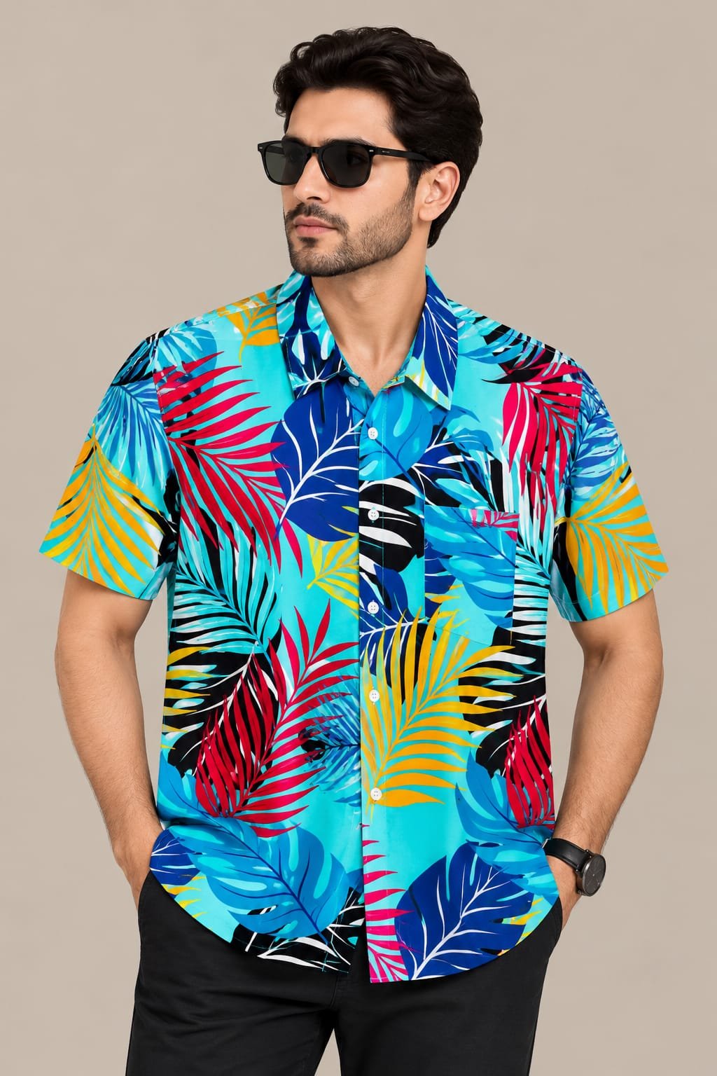 Men’s Tropical Leaf Print Shirt – Short Sleeve Casual Summer Shirt