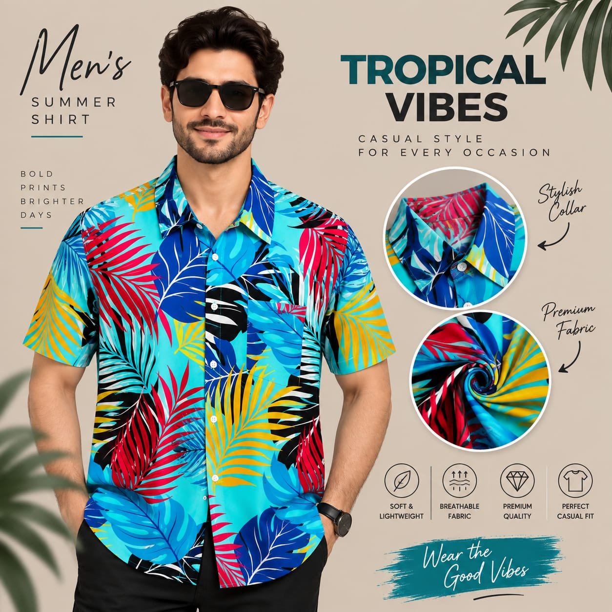 Men’s Tropical Leaf Print Shirt – Short Sleeve Casual Summer Shirt - Image 2