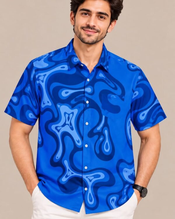 Men’s Blue Abstract Print Short Sleeve Shirt – Casual Summer Shirt