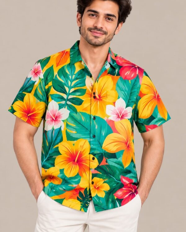 Men’s Tropical Floral Print Shirt – Short Sleeve Casual Summer Shirt