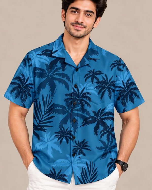 Men’s Blue Palm Print Shirt – Short Sleeve Casual Summer Shirt