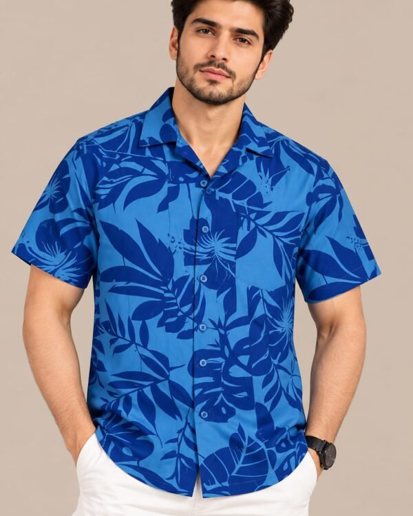 Men’s Blue Tropical Leaf Print Shirt – Short Sleeve Casual Shirt