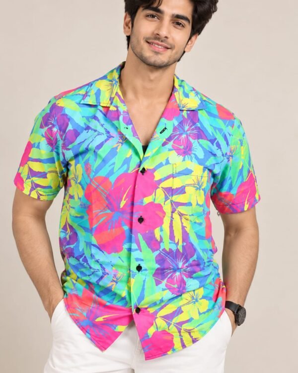 Men’s Colorful Tropical Floral Print Shirt – Short Sleeve Casual Shirt