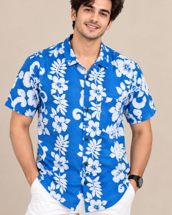 Men’s Blue Floral Hawaiian Shirt – Short Sleeve Casual Summer Shirt