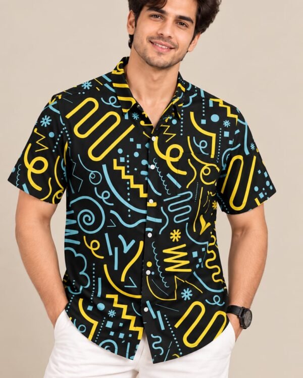 Men’s Black Geometric Print Shirt – Short Sleeve Casual Summer Shirt