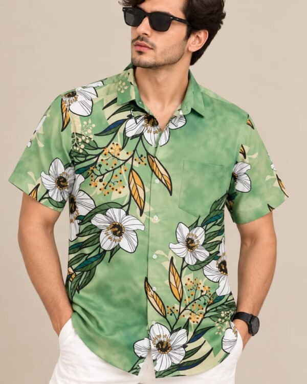 Men’s Green Floral Print Shirt – Short Sleeve Casual Summer Shirt