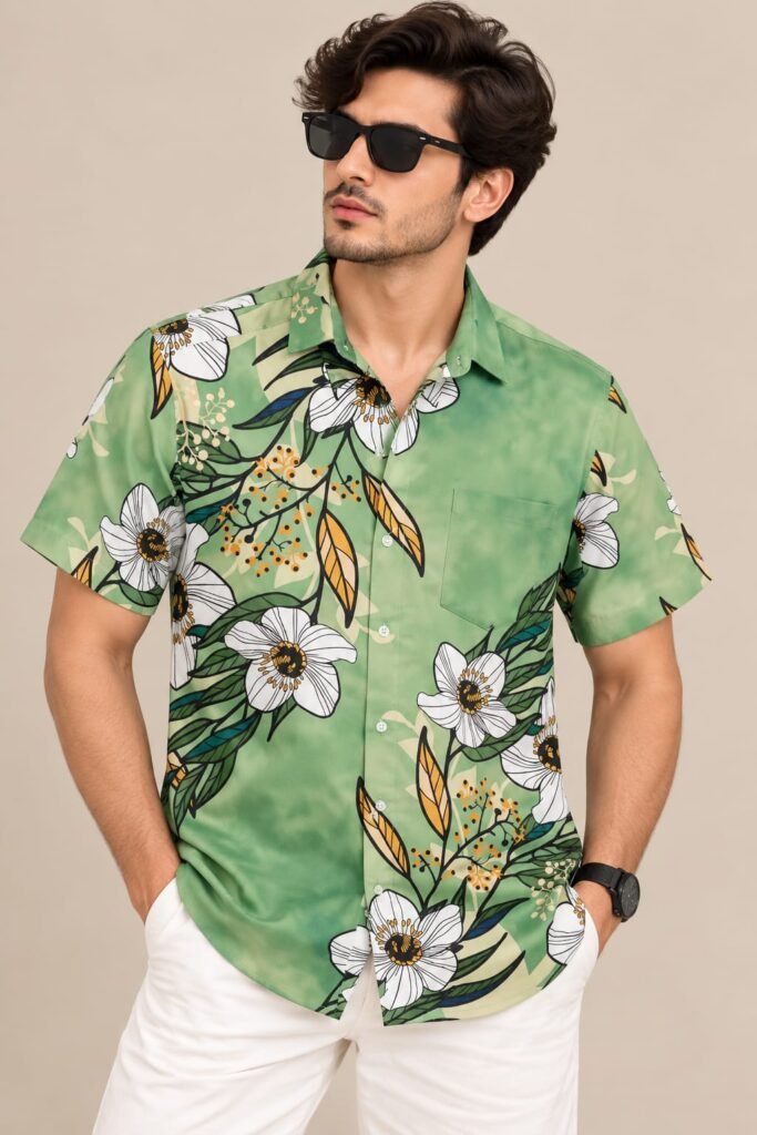Men’s Green Floral Print Shirt – Short Sleeve Casual Summer Shirt