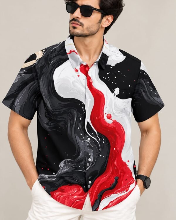 Men’s Black Red Marble Print Shirt – Short Sleeve Casual Shirt