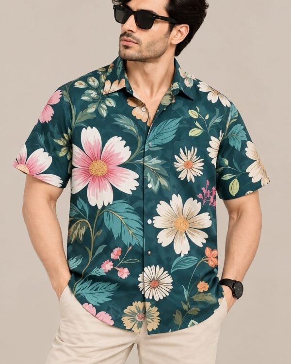Men’s Teal Floral Print Shirt – Short Sleeve Casual Hawaiian Shirt