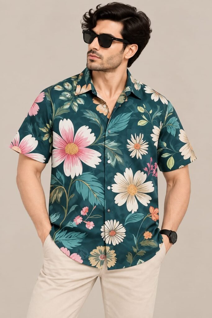Men’s Teal Floral Print Shirt – Short Sleeve Casual Hawaiian Shirt