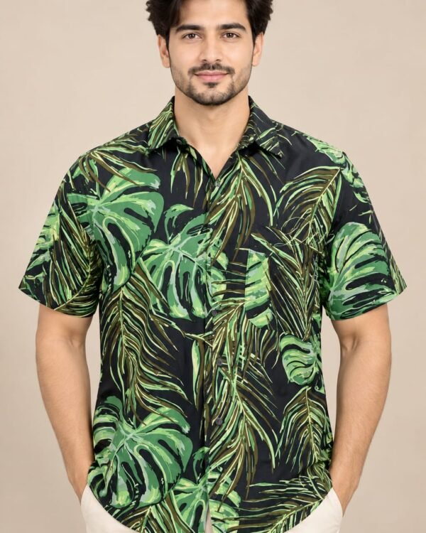 Men’s Green Tropical Leaf Print Casual Shirt