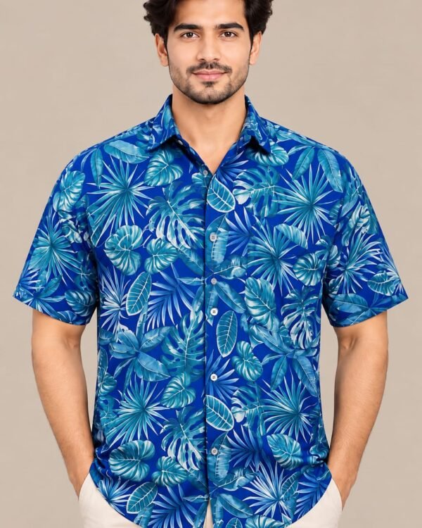 Men’s Blue Tropical Leaf Print Casual Shirt
