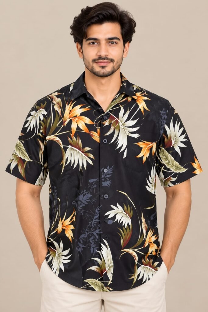 Men’s Black Floral Print Casual Shirt