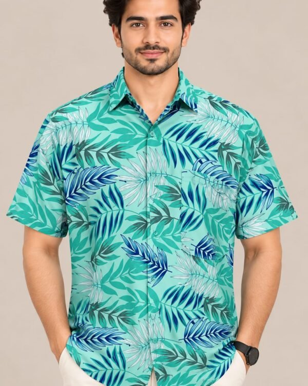 Men’s Tropical Leaf Print Casual Shirt – Short Sleeve Hawaiian Shirt