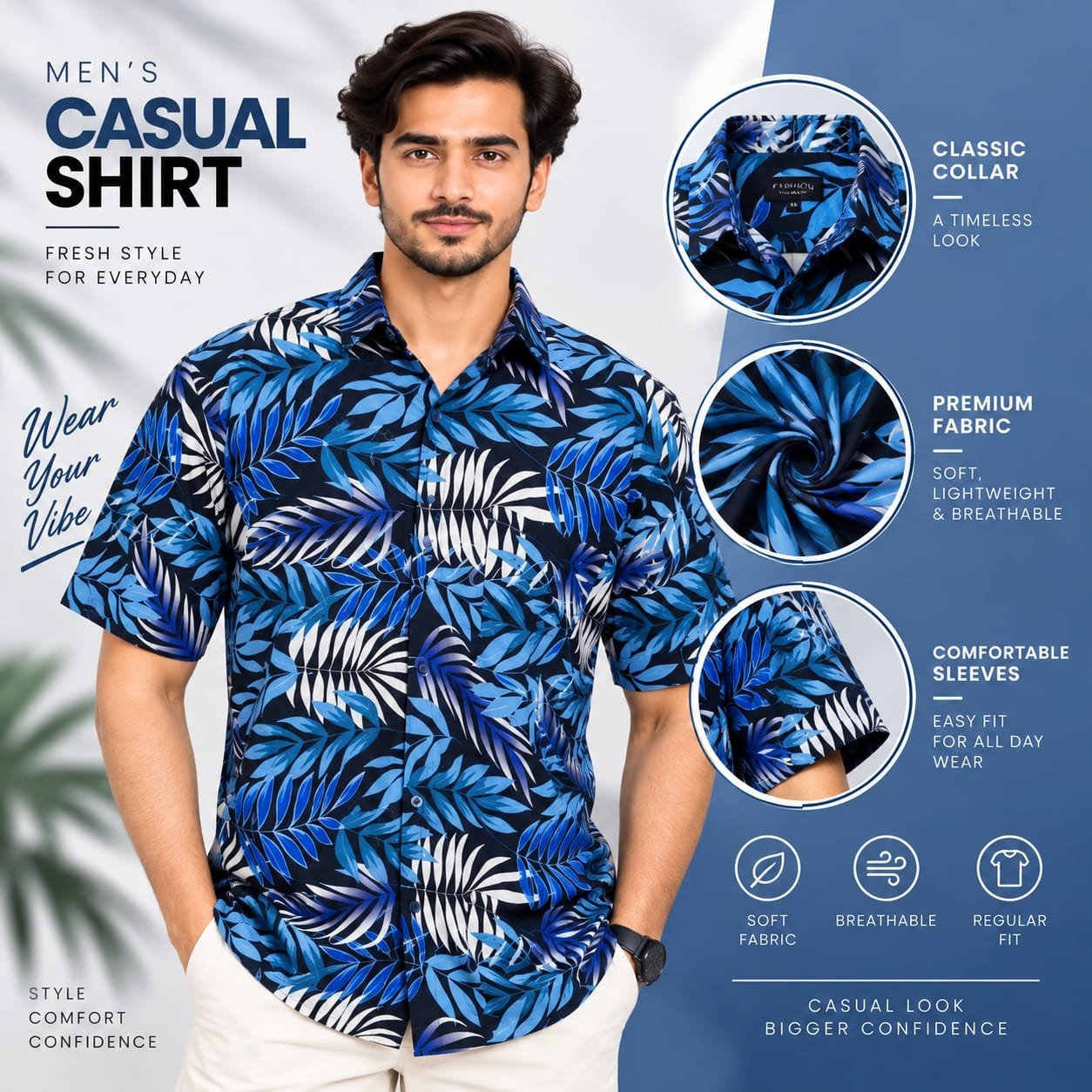 Men’s Blue Tropical Leaf Print Casual Shirt – Short Sleeve Shirt - Image 2