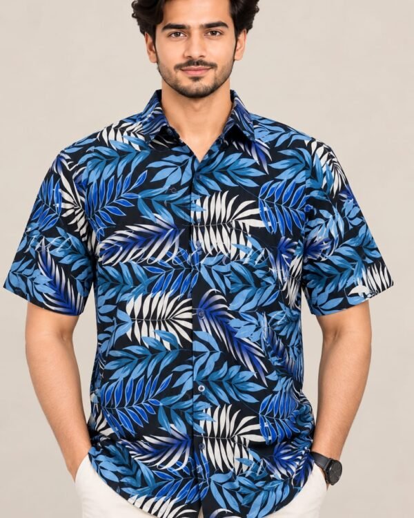 Men’s Blue Tropical Leaf Print Casual Shirt – Short Sleeve Shirt