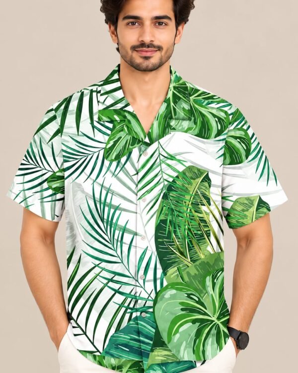 Men’s White & Green Tropical Leaf Print Casual Shirt